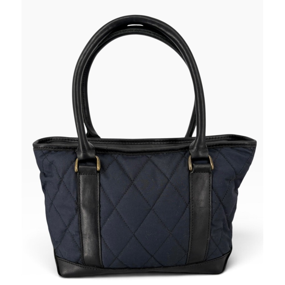 LL Bean Town & Field Mini Tote Womens Small Navy Black Quilted Nylon Leather